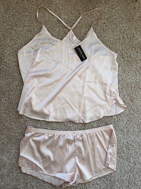 NWT Ekouaer Pale Pink Satin Cami & Short Sleep Set